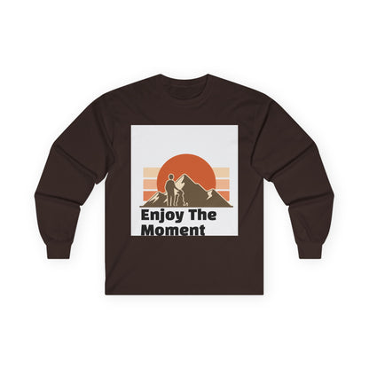 Long Sleeve Tee — "Enjoy The Moment" Retro Sunset Hiking Shirt