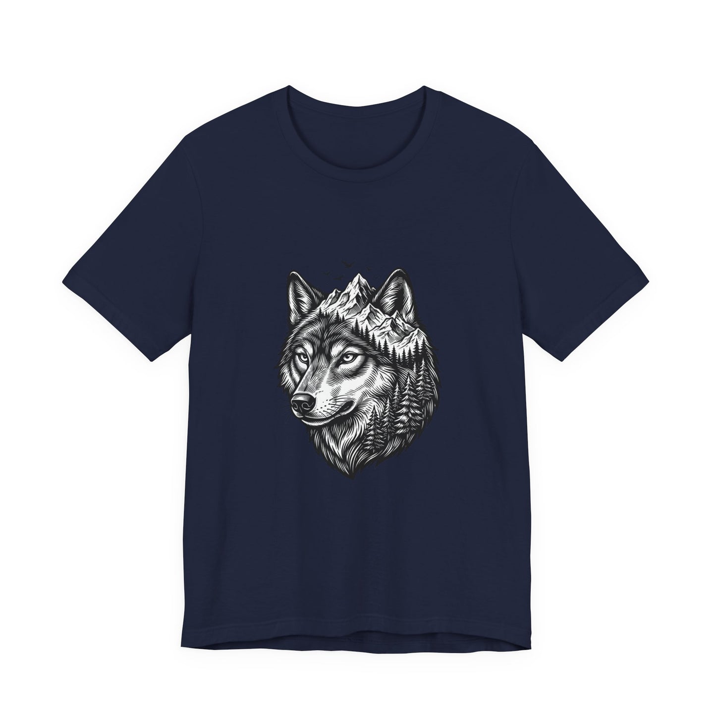 Wolf Head with Mountain Skyline T-Shirt | Nature Wildlife IllustrationTricou Unisex Premium Bella Canvas 3001 – Bumbac Moale, Stil Modern & Confort Zilnic