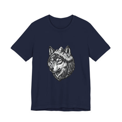 Wolf Head with Mountain Skyline T-Shirt | Nature Wildlife IllustrationTricou Unisex Premium Bella Canvas 3001 – Bumbac Moale, Stil Modern & Confort Zilnic