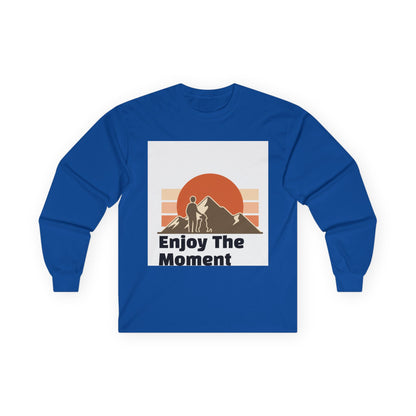 Long Sleeve Tee — "Enjoy The Moment" Retro Sunset Hiking Shirt