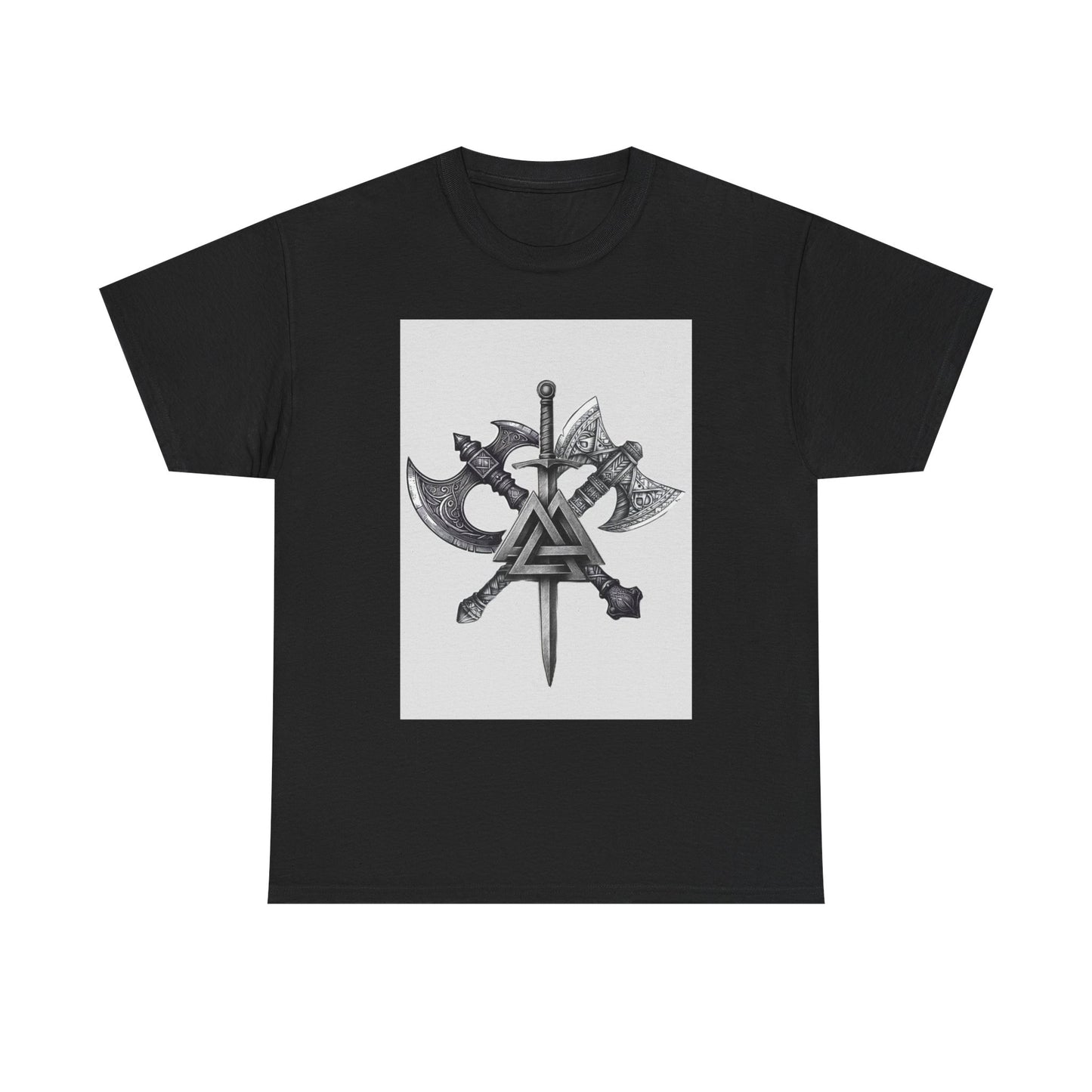 Valknut Viking Axe and Sword T-Shirt | Norse Rune Knotback Tee