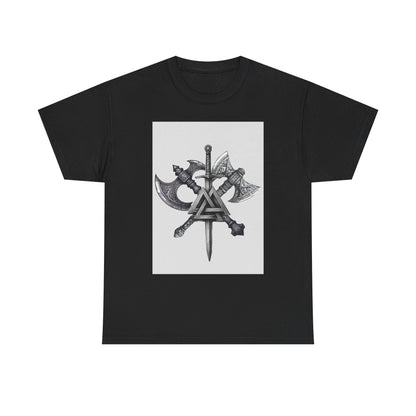 Valknut Viking Axe and Sword T-Shirt | Norse Rune Knotback Tee