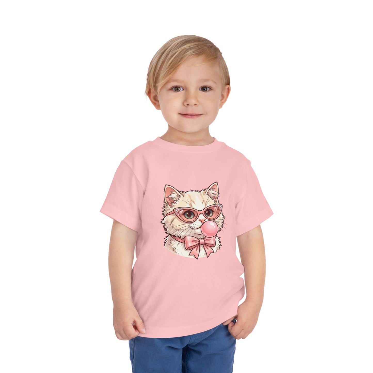 Cute Cat with Glasses and Bubblegum Toddler Tee | Pink Bow Cat Tricou Personalizat pentru Fetițe cu Pisicuță Roz Fashion | 100% Bumbac Premium pentru Copii