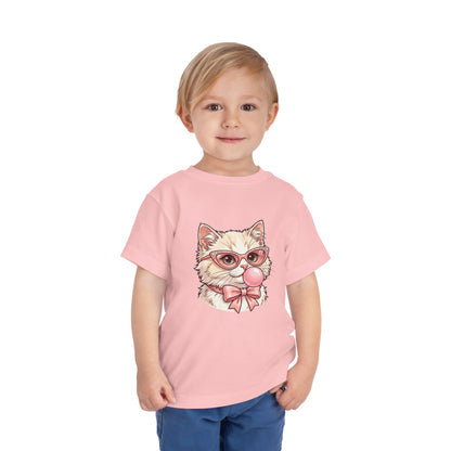 Cute Cat with Glasses and Bubblegum Toddler Tee | Pink Bow Cat Tricou Personalizat pentru Fetițe cu Pisicuță Roz Fashion | 100% Bumbac Premium pentru Copii