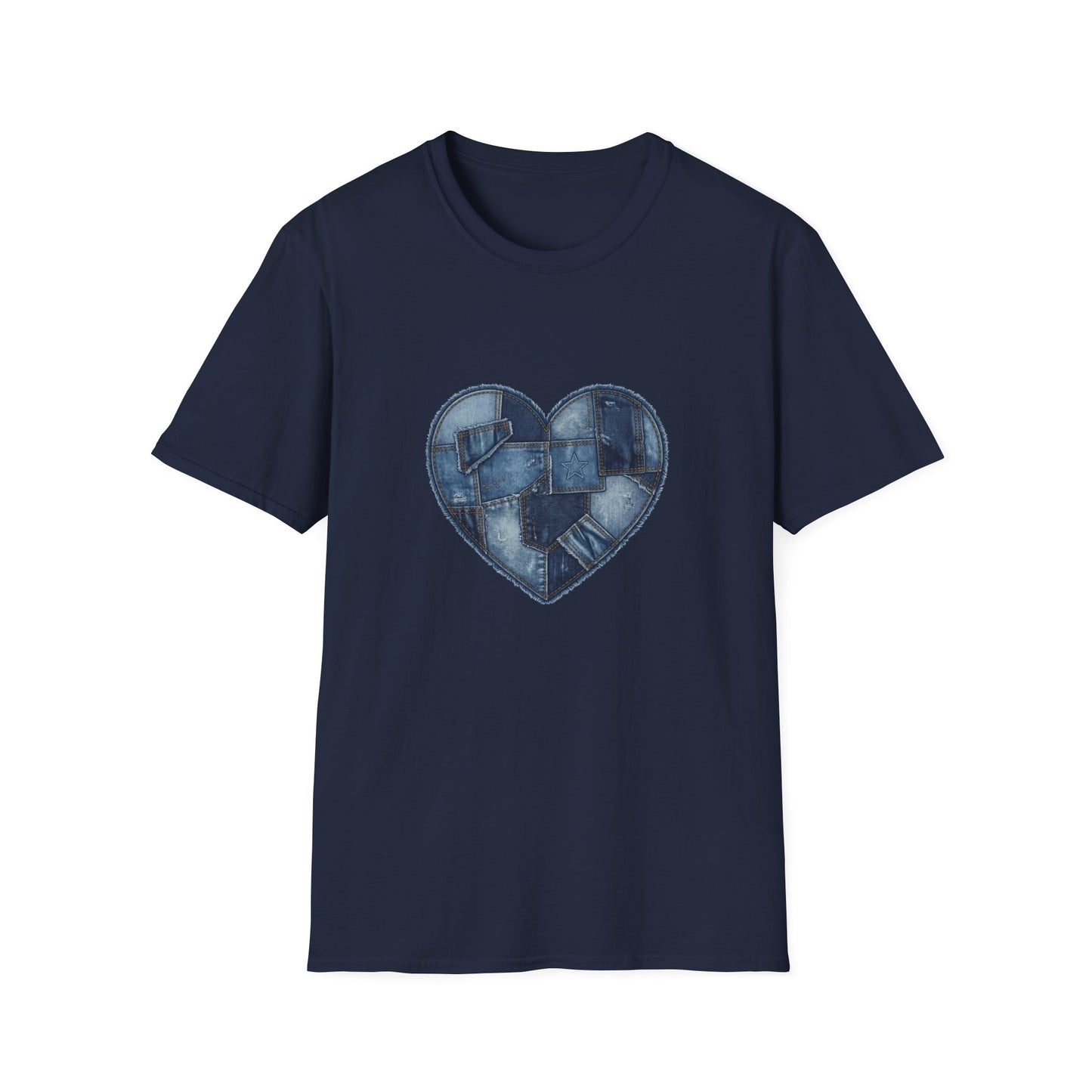Patchwork Denim Heart T-Shirt | Blue Jean Heart DesignTricou Unisex Premium Gildan Softstyle 64000 – 100% Bumbac & Confort Modern
