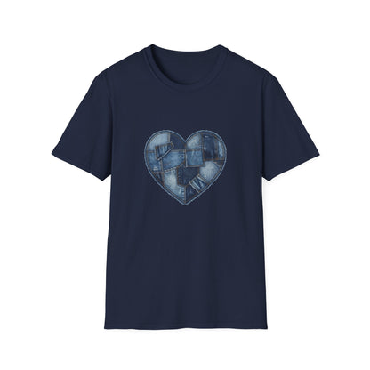Patchwork Denim Heart T-Shirt | Blue Jean Heart DesignTricou Unisex Premium Gildan Softstyle 64000 – 100% Bumbac & Confort Modern