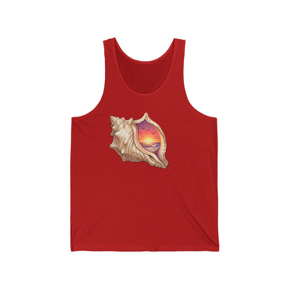 Seashell Sunset Tank | Beach Shell Sunset Illustration, Coastal VibesMaiou Personalizat Premium Unisex din Bumbac Airlume® | Ușor, Confortabil și Print Rezistent | Mărimi XS–2XL