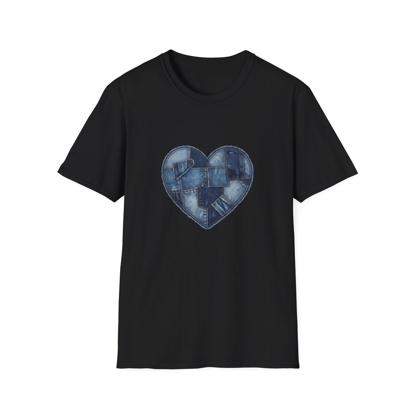 Patchwork Denim Heart T-Shirt | Blue Jean Heart DesignTricou Unisex Premium Gildan Softstyle 64000 – 100% Bumbac & Confort Modern