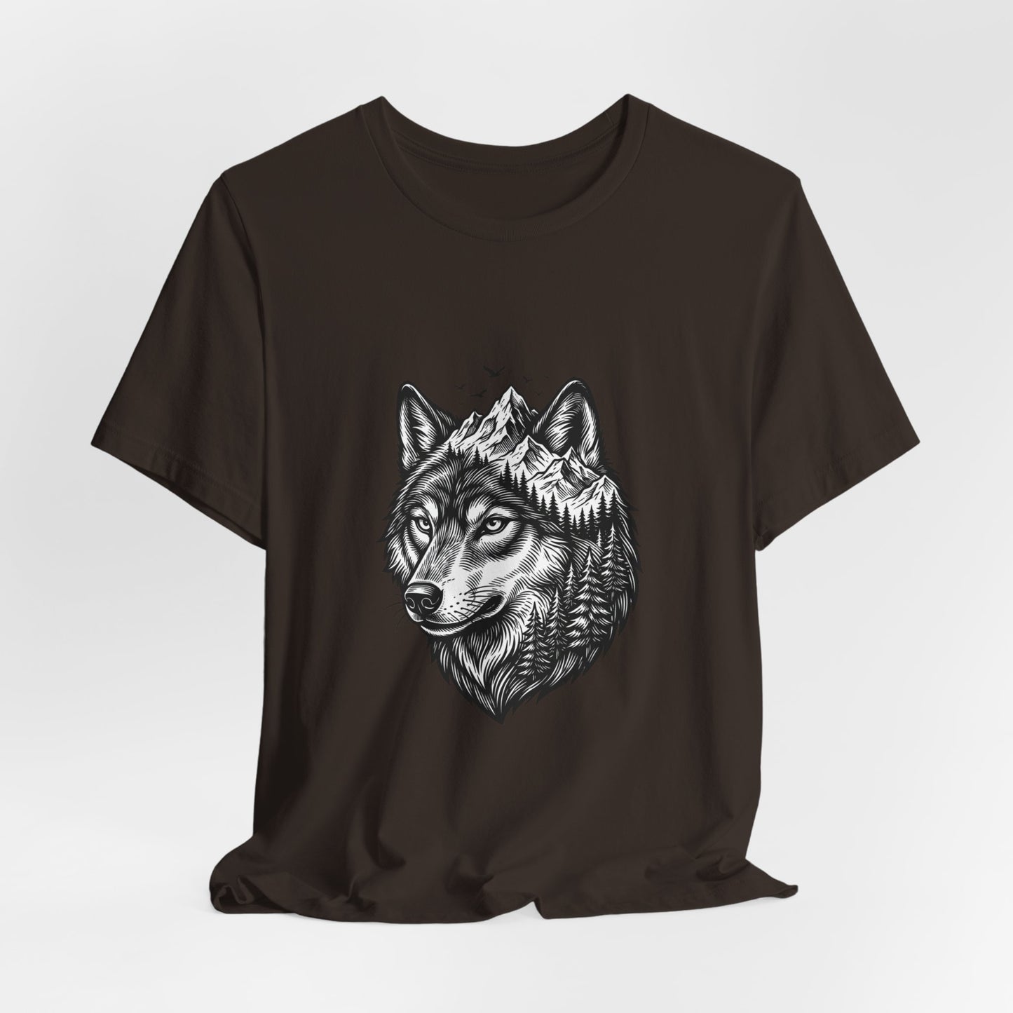Wolf Head with Mountain Skyline T-Shirt | Nature Wildlife IllustrationTricou Unisex Premium Bella Canvas 3001 – Bumbac Moale, Stil Modern & Confort Zilnic