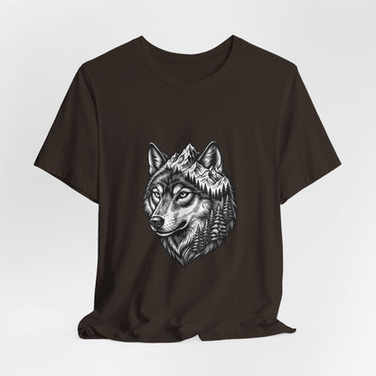 Wolf Head with Mountain Skyline T-Shirt | Nature Wildlife IllustrationTricou Unisex Premium Bella Canvas 3001 – Bumbac Moale, Stil Modern & Confort Zilnic