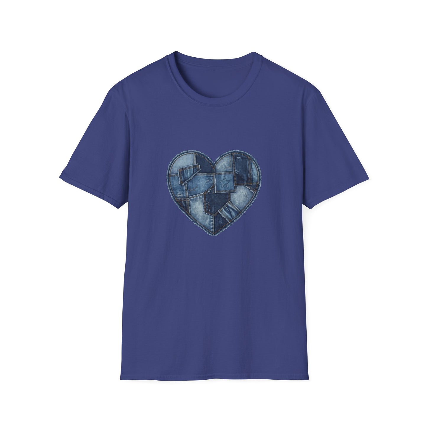 Patchwork Denim Heart T-Shirt | Blue Jean Heart DesignTricou Unisex Premium Gildan Softstyle 64000 – 100% Bumbac & Confort Modern