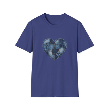 Patchwork Denim Heart T-Shirt | Blue Jean Heart DesignTricou Unisex Premium Gildan Softstyle 64000 – 100% Bumbac & Confort Modern