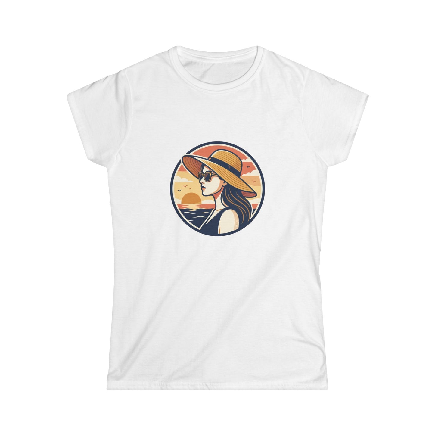 Woman in Sun Hat Tee | Retro Sunset Beach Illustration