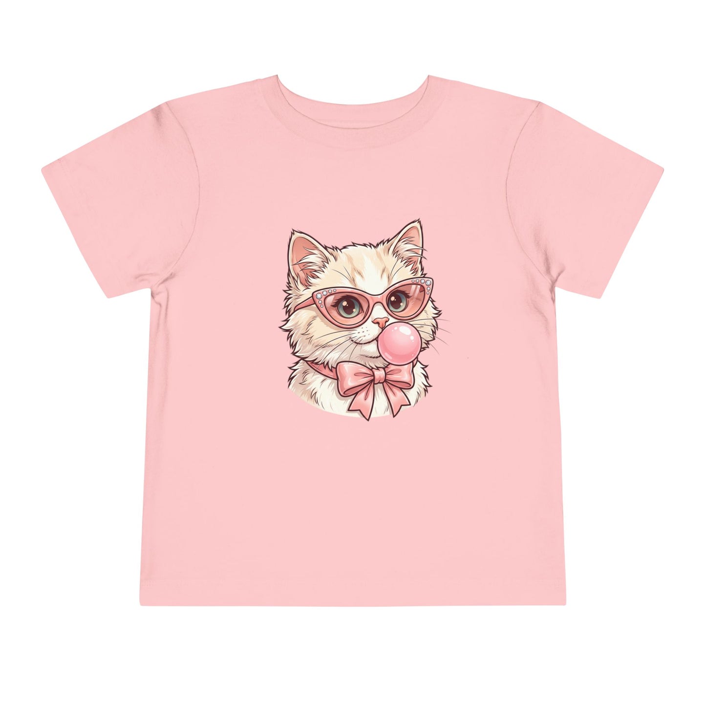 Cute Cat with Glasses and Bubblegum Toddler Tee | Pink Bow Cat Tricou Personalizat pentru Fetițe cu Pisicuță Roz Fashion | 100% Bumbac Premium pentru Copii