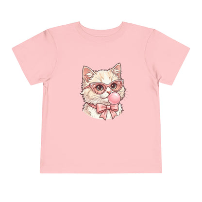 Cute Cat with Glasses and Bubblegum Toddler Tee | Pink Bow Cat Tricou Personalizat pentru Fetițe cu Pisicuță Roz Fashion | 100% Bumbac Premium pentru Copii