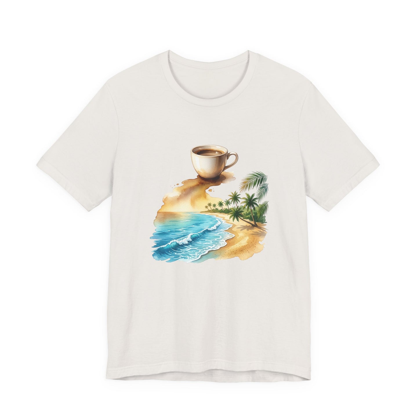 Coffee Beach Scene T-Shirt | Tropical Palm, Ocean WaveTricou Premium „Coffee & Ocean Escape” – 100% Bumbac Airlume, Design Artistic cu Cafea și Mare