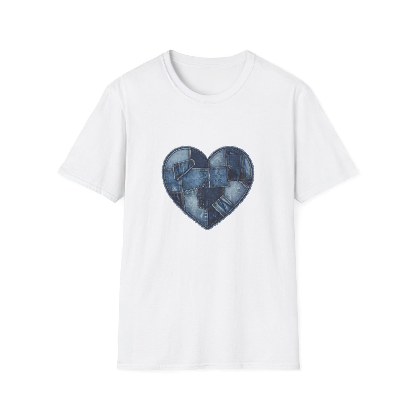 Patchwork Denim Heart T-Shirt | Blue Jean Heart DesignTricou Unisex Premium Gildan Softstyle 64000 – 100% Bumbac & Confort Modern