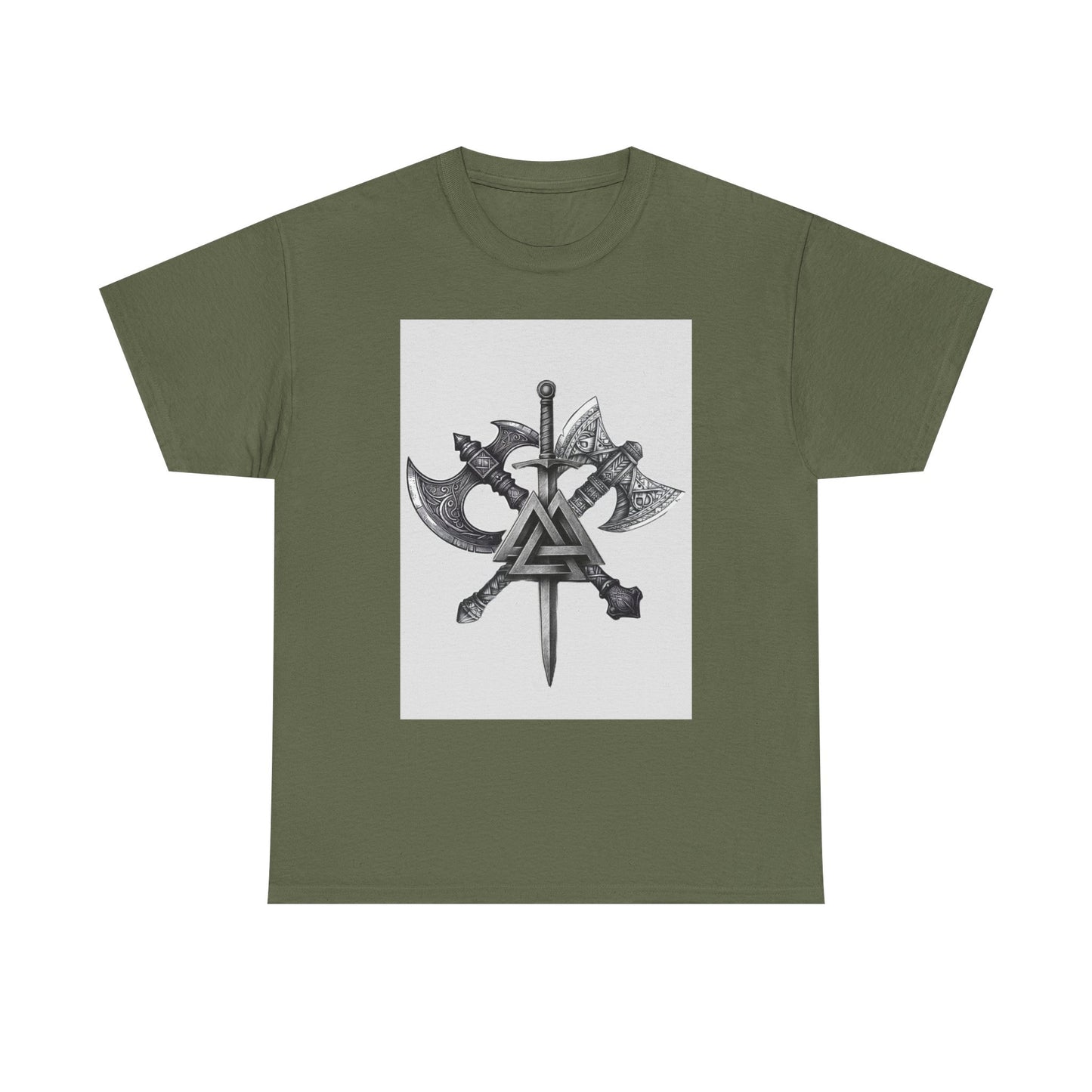 Valknut Viking Axe and Sword T-Shirt | Norse Rune Knotback Tee
