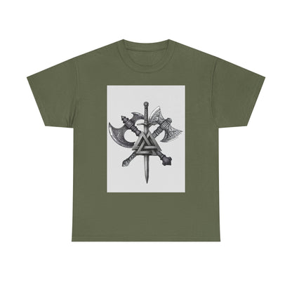 Valknut Viking Axe and Sword T-Shirt | Norse Rune Knotback Tee