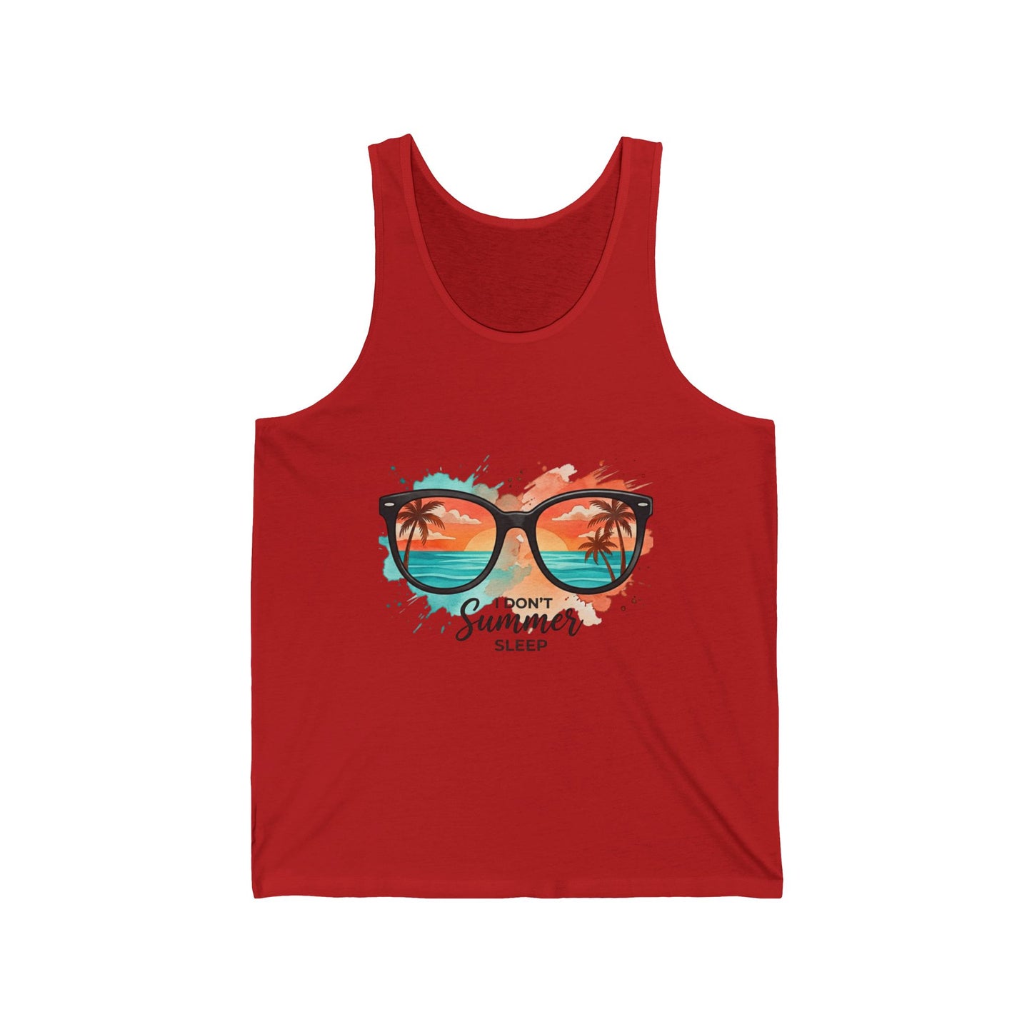 Summer Sunglasses Tank | Beach Sunset Palm Tree GraphicMaiou Damă Premium „Summer Never Sleeps” – 100% Bumbac Airlume, Design Artistic cu Ochelari și Vibe Tropical