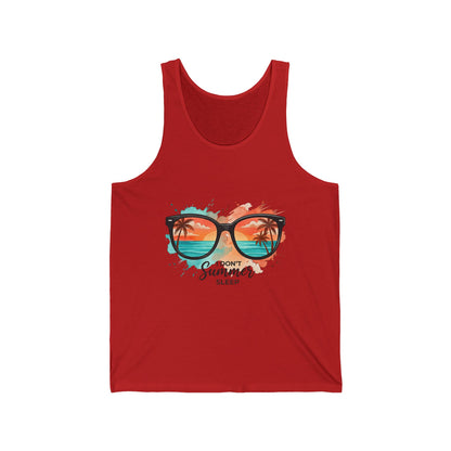 Summer Sunglasses Tank | Beach Sunset Palm Tree GraphicMaiou Damă Premium „Summer Never Sleeps” – 100% Bumbac Airlume, Design Artistic cu Ochelari și Vibe Tropical