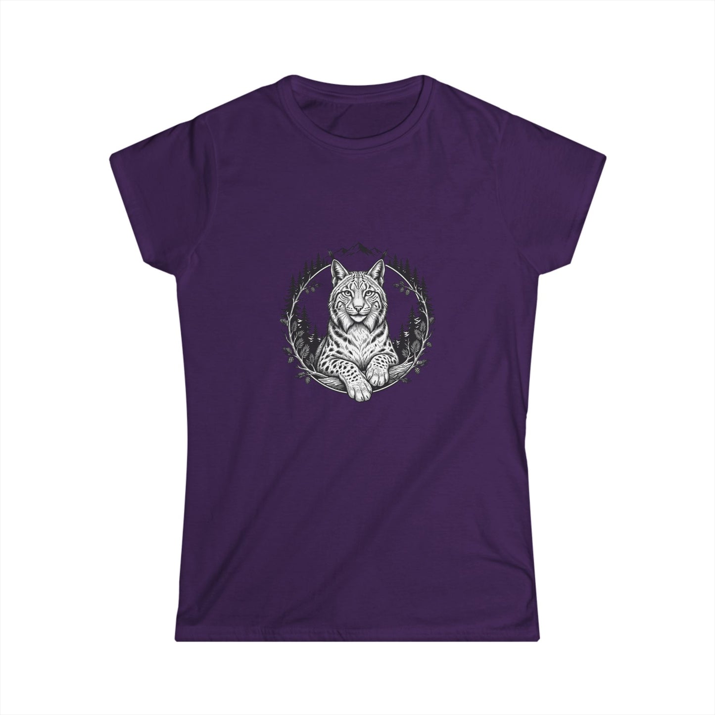 Lynx Forest Illustration Tee | Mountain Pines Wildlife ShirtTricou Damă Softstyle – Bumbac Premium, Croială Feminină & Confort Zilnic