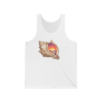 Seashell Sunset Tank | Beach Shell Sunset Illustration, Coastal VibesMaiou Personalizat Premium Unisex din Bumbac Airlume® | Ușor, Confortabil și Print Rezistent | Mărimi XS–2XL