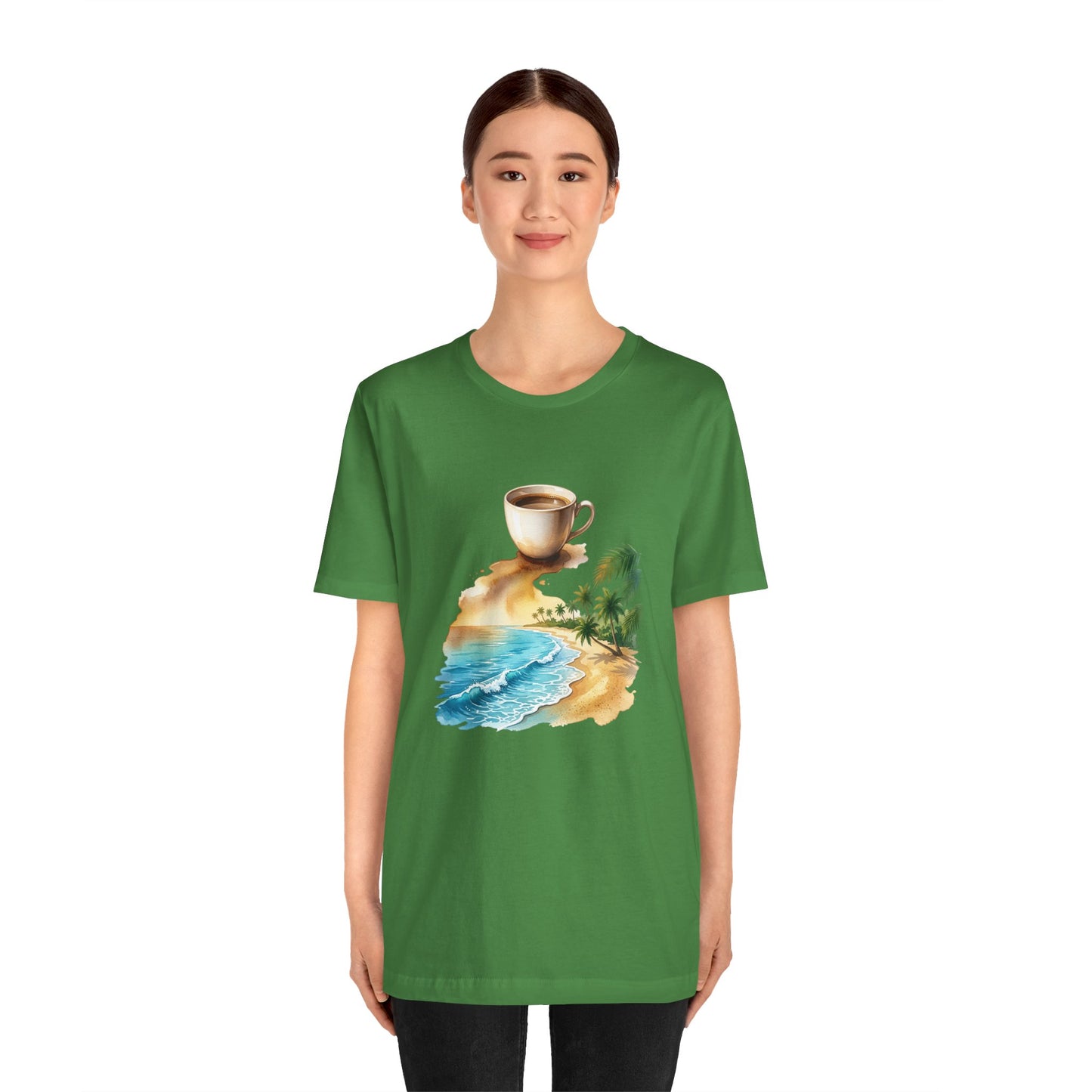 Coffee Beach Scene T-Shirt | Tropical Palm, Ocean WaveTricou Premium „Coffee & Ocean Escape” – 100% Bumbac Airlume, Design Artistic cu Cafea și Mare