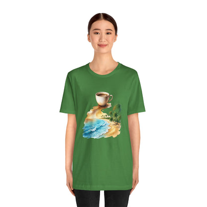 Coffee Beach Scene T-Shirt | Tropical Palm, Ocean WaveTricou Premium „Coffee & Ocean Escape” – 100% Bumbac Airlume, Design Artistic cu Cafea și Mare