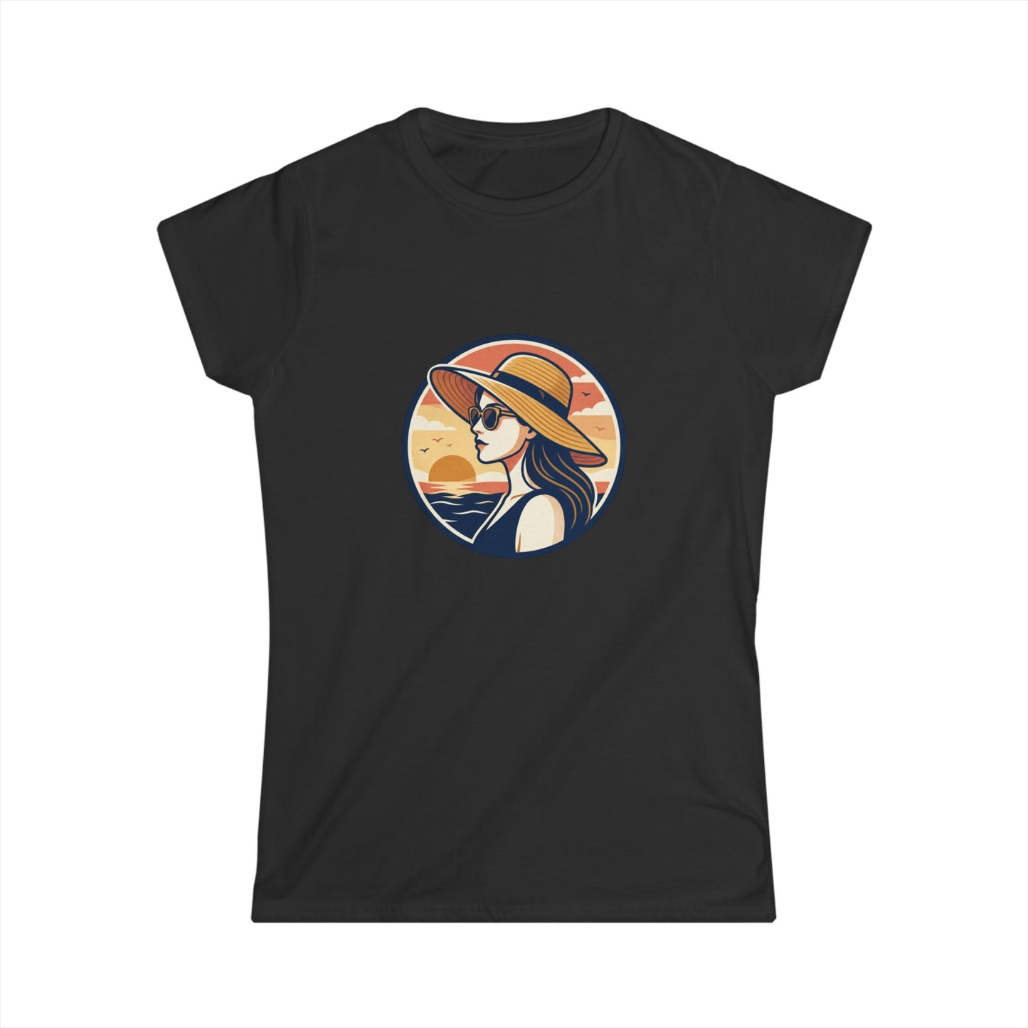 Woman in Sun Hat Tee | Retro Sunset Beach Illustration