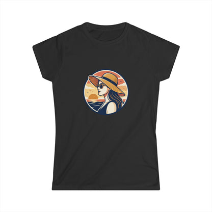 Woman in Sun Hat Tee | Retro Sunset Beach Illustration