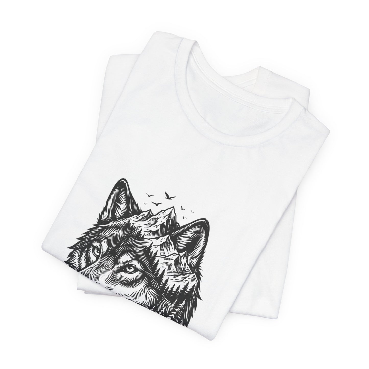Wolf Head with Mountain Skyline T-Shirt | Nature Wildlife IllustrationTricou Unisex Premium Bella Canvas 3001 – Bumbac Moale, Stil Modern & Confort Zilnic