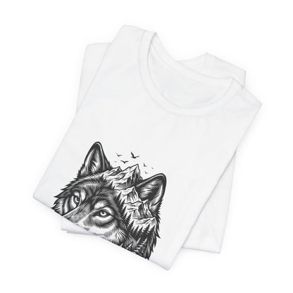 Wolf Head with Mountain Skyline T-Shirt | Nature Wildlife IllustrationTricou Unisex Premium Bella Canvas 3001 – Bumbac Moale, Stil Modern & Confort Zilnic