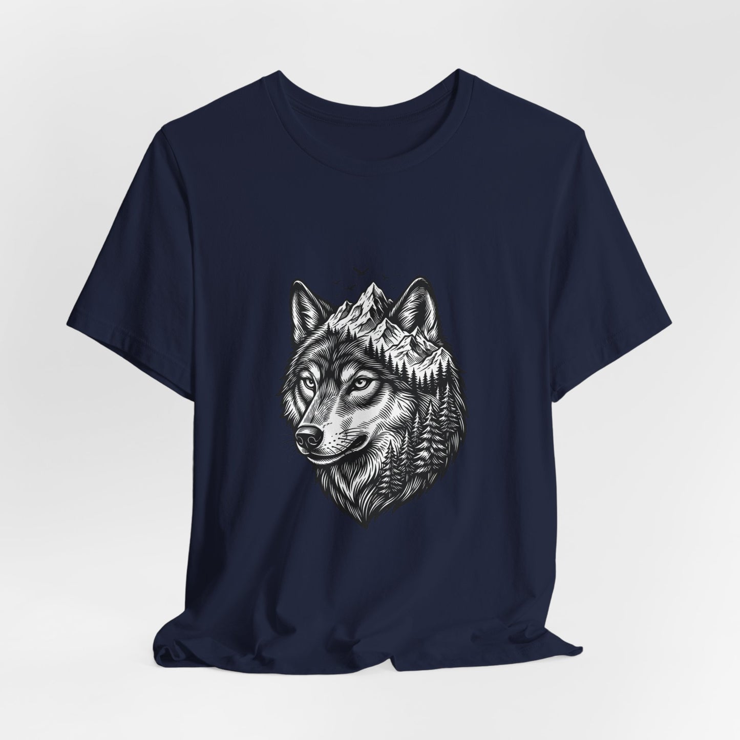 Wolf Head with Mountain Skyline T-Shirt | Nature Wildlife IllustrationTricou Unisex Premium Bella Canvas 3001 – Bumbac Moale, Stil Modern & Confort Zilnic