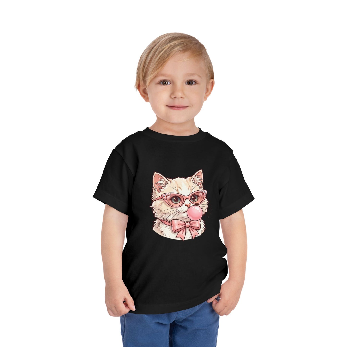 Cute Cat with Glasses and Bubblegum Toddler Tee | Pink Bow Cat Tricou Personalizat pentru Fetițe cu Pisicuță Roz Fashion | 100% Bumbac Premium pentru Copii