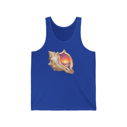 Seashell Sunset Tank | Beach Shell Sunset Illustration, Coastal VibesMaiou Personalizat Premium Unisex din Bumbac Airlume® | Ușor, Confortabil și Print Rezistent | Mărimi XS–2XL