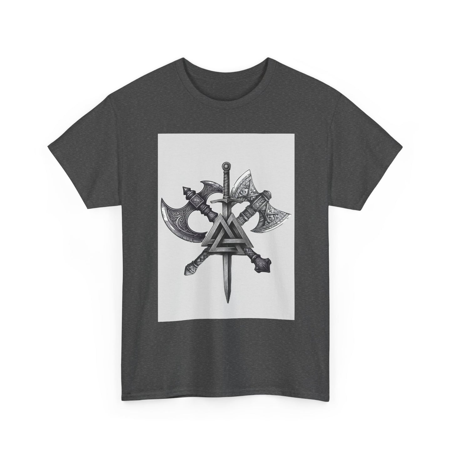 Valknut Viking Axe and Sword T-Shirt | Norse Rune Knotback Tee