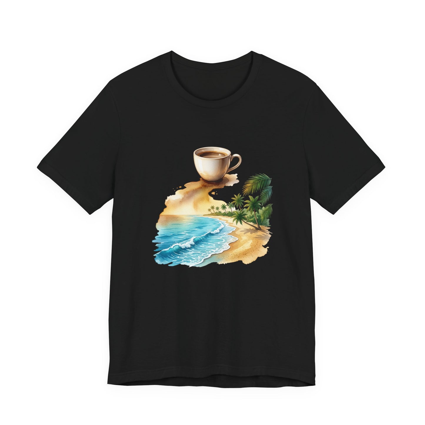 Coffee Beach Scene T-Shirt | Tropical Palm, Ocean WaveTricou Premium „Coffee & Ocean Escape” – 100% Bumbac Airlume, Design Artistic cu Cafea și Mare