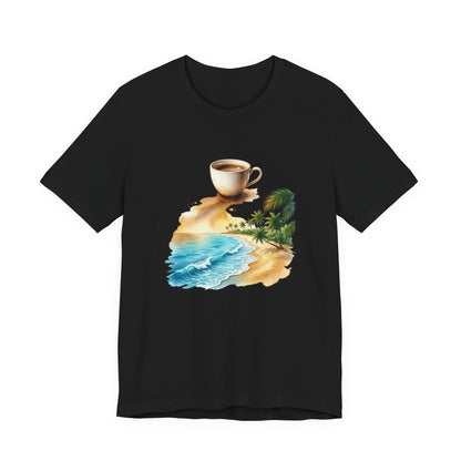 Coffee Beach Scene T-Shirt | Tropical Palm, Ocean WaveTricou Premium „Coffee & Ocean Escape” – 100% Bumbac Airlume, Design Artistic cu Cafea și Mare