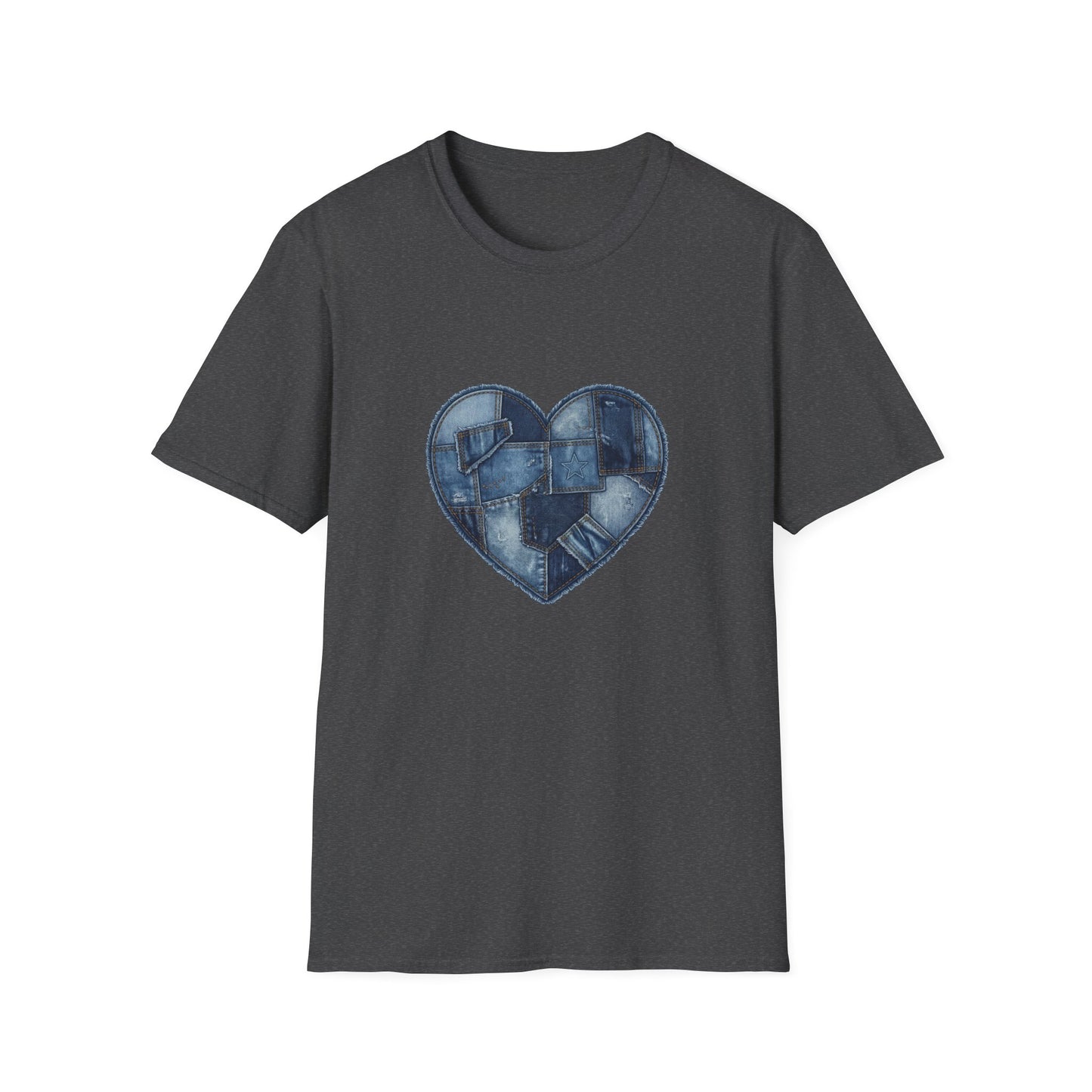 Patchwork Denim Heart T-Shirt | Blue Jean Heart DesignTricou Unisex Premium Gildan Softstyle 64000 – 100% Bumbac & Confort Modern