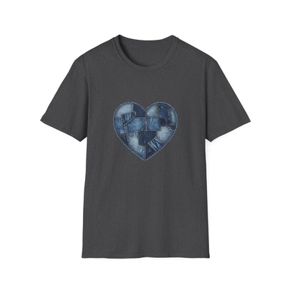 Patchwork Denim Heart T-Shirt | Blue Jean Heart DesignTricou Unisex Premium Gildan Softstyle 64000 – 100% Bumbac & Confort Modern