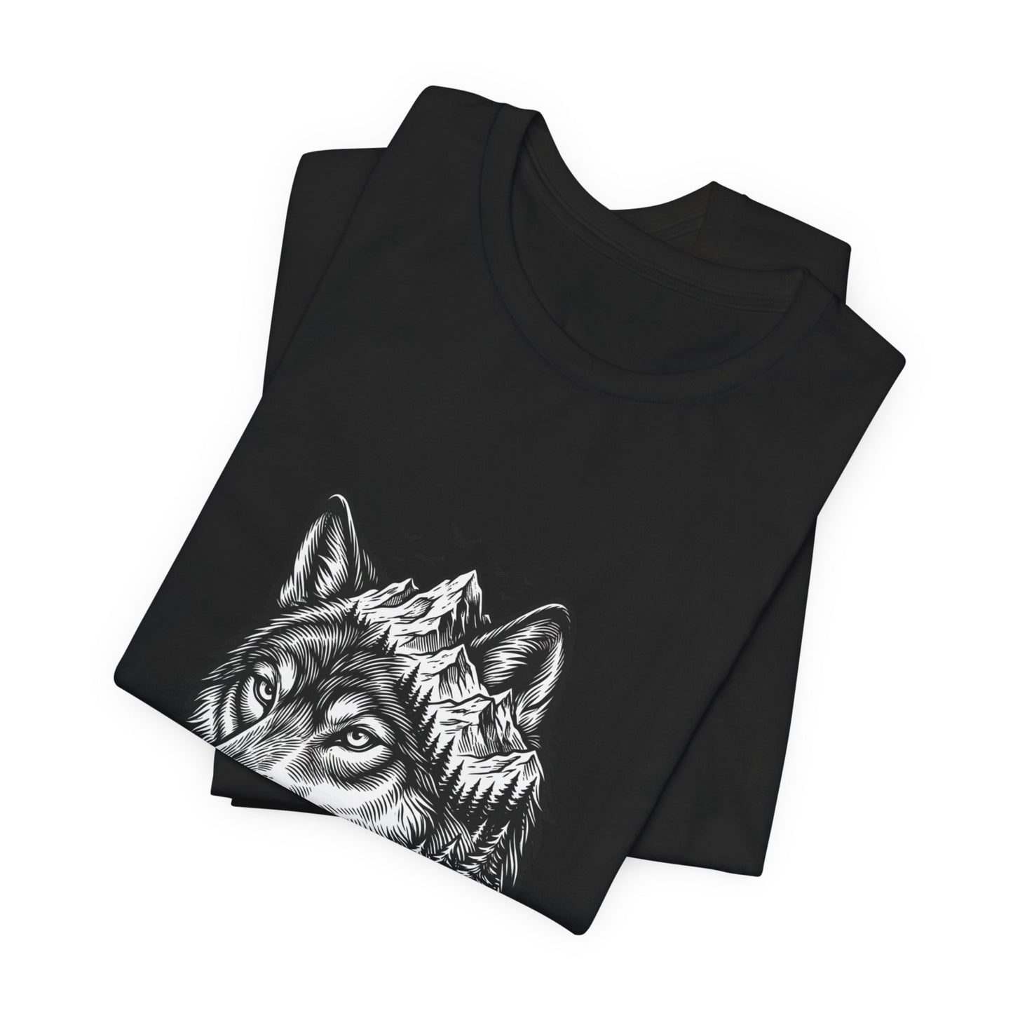 Wolf Head with Mountain Skyline T-Shirt | Nature Wildlife IllustrationTricou Unisex Premium Bella Canvas 3001 – Bumbac Moale, Stil Modern & Confort Zilnic