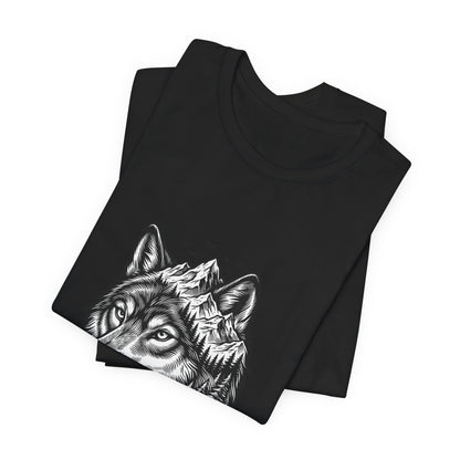 Wolf Head with Mountain Skyline T-Shirt | Nature Wildlife IllustrationTricou Unisex Premium Bella Canvas 3001 – Bumbac Moale, Stil Modern & Confort Zilnic