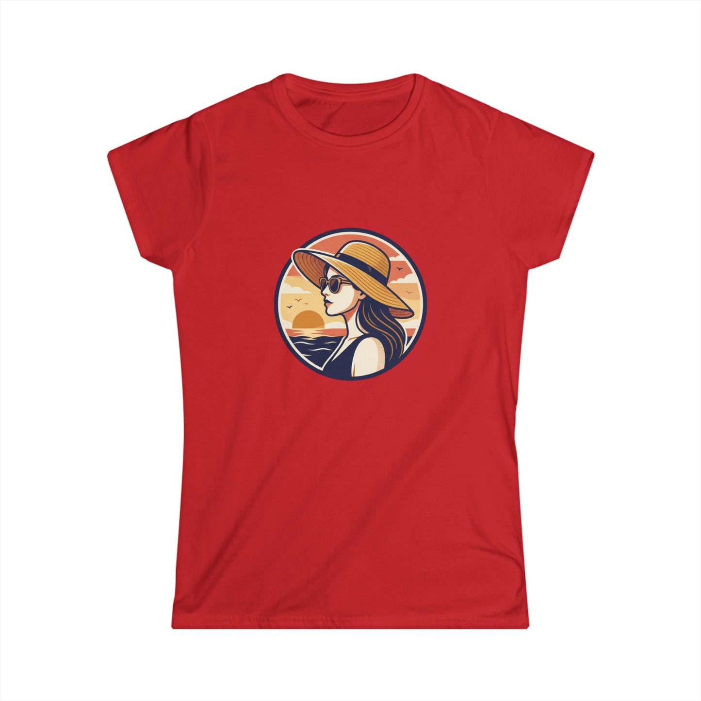 Woman in Sun Hat Tee | Retro Sunset Beach Illustration
