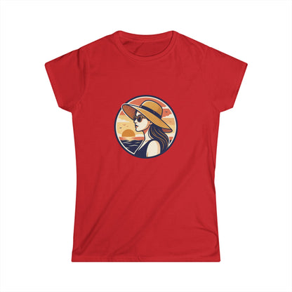 Woman in Sun Hat Tee | Retro Sunset Beach Illustration