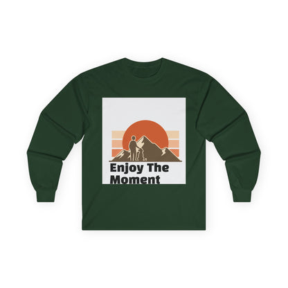 Long Sleeve Tee — "Enjoy The Moment" Retro Sunset Hiking Shirt