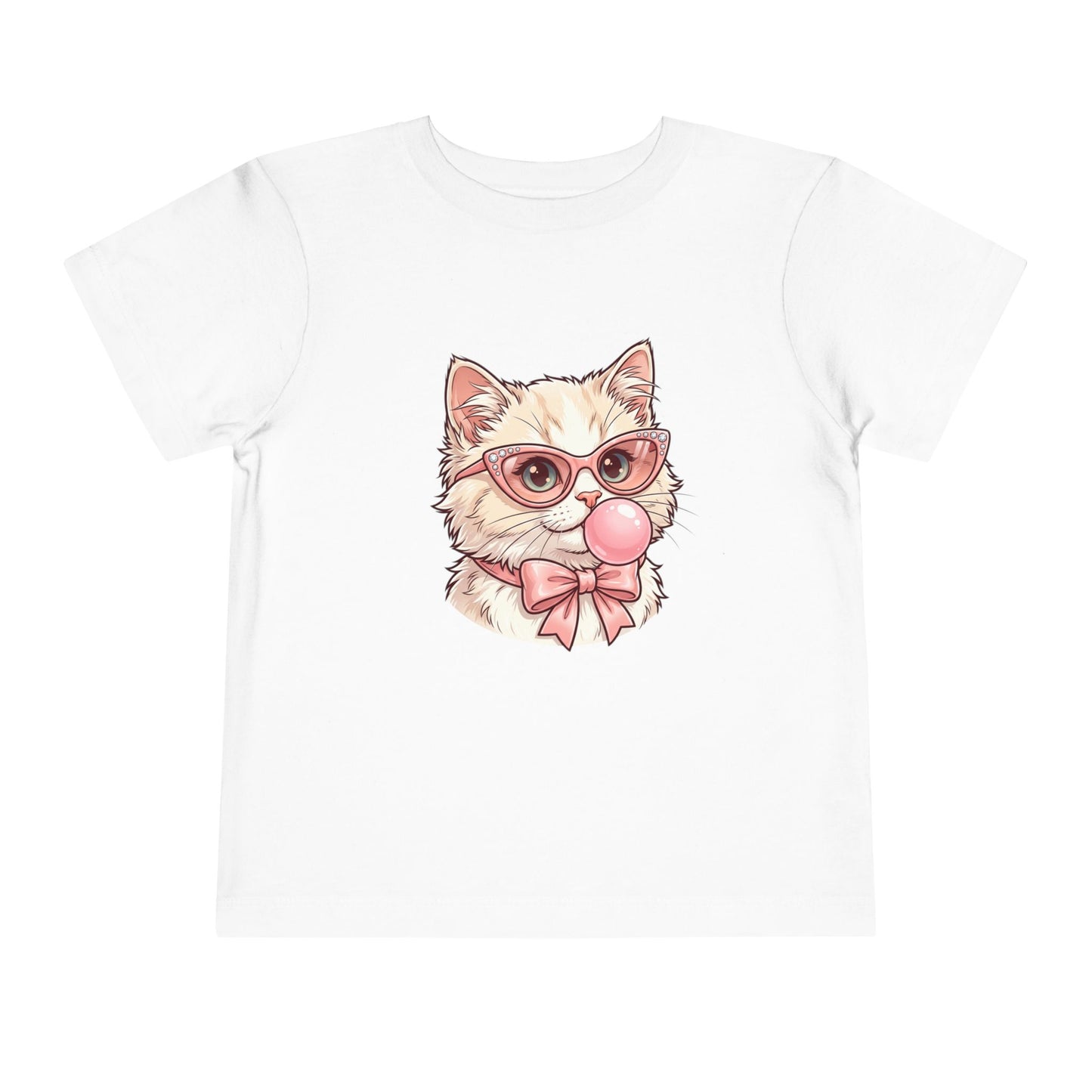 Cute Cat with Glasses and Bubblegum Toddler Tee | Pink Bow Cat Tricou Personalizat pentru Fetițe cu Pisicuță Roz Fashion | 100% Bumbac Premium pentru Copii