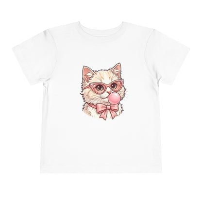 Cute Cat with Glasses and Bubblegum Toddler Tee | Pink Bow Cat Tricou Personalizat pentru Fetițe cu Pisicuță Roz Fashion | 100% Bumbac Premium pentru Copii
