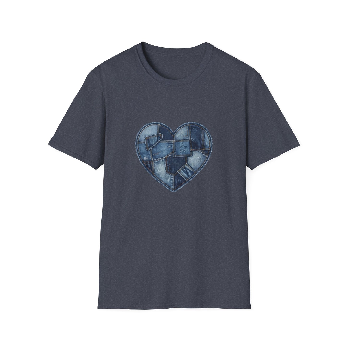 Patchwork Denim Heart T-Shirt | Blue Jean Heart DesignTricou Unisex Premium Gildan Softstyle 64000 – 100% Bumbac & Confort Modern