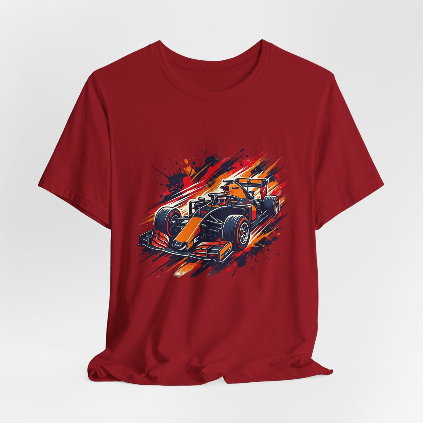 Orange Race Car Tee | Formula Racing Graphic T-ricou Personalizat Formula Racing Red Storm | Bella Canvas® 3001 100% Bumbac Premium Unisex